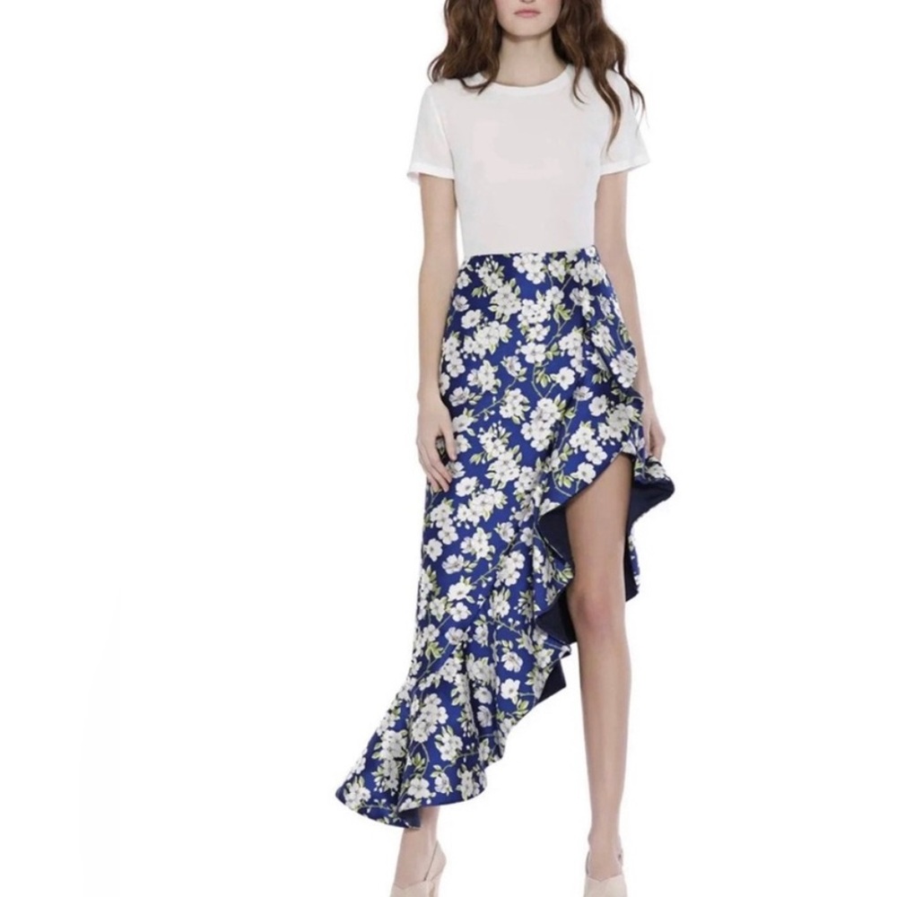 Alice + Olivia Asymmetrical Floral Skirt in Blue and White